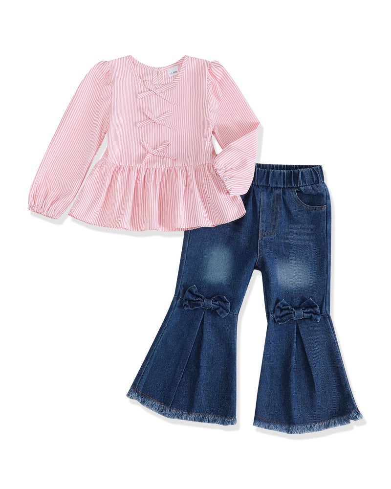 SODLON Toddler Baby Girl Clothes, Little Girls Fall Winter Outfits Clothing, Bow Shirt Flared Denim Pants Bell Bottom Jeans, Light Pink, 12-18 Months - Image 1