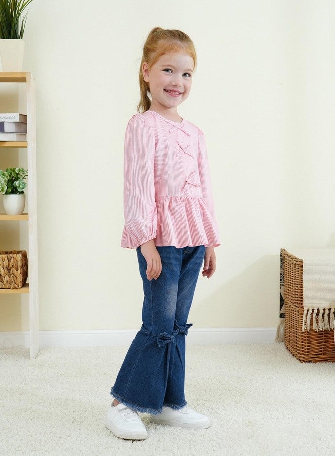 SODLON Toddler Baby Girl Clothes, Little Girls Fall Winter Outfits Clothing, Bow Shirt Flared Denim Pants Bell Bottom Jeans, Light Pink, 12-18 Months - Image 3
