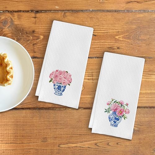 Qpenm Blue and White Porcelain Chinoiserie Dish Towels Set of 2, Pink Floral Decorative Hand Towels for Bathroom and Kitchen, 16x24 Inches - Image 3