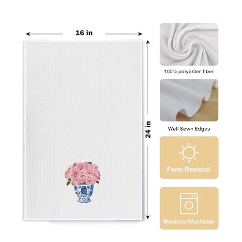 Qpenm Blue and White Porcelain Chinoiserie Dish Towels Set of 2, Pink Floral Decorative Hand Towels for Bathroom and Kitchen, 16x24 Inches - Image 5