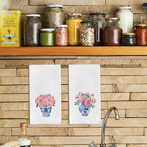 Qpenm Blue and White Porcelain Chinoiserie Dish Towels Set of 2, Pink Floral Decorative Hand Towels for Bathroom and Kitchen, 16x24 Inches - Image 2