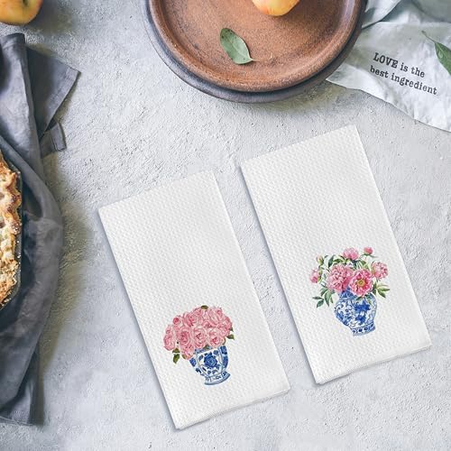 Qpenm Blue and White Porcelain Chinoiserie Dish Towels Set of 2, Pink Floral Decorative Hand Towels for Bathroom and Kitchen, 16x24 Inches - Image 4