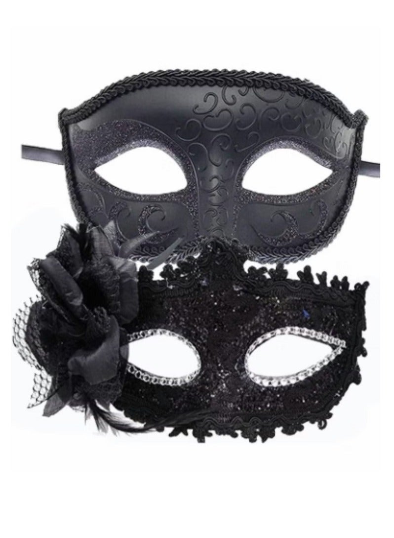 Couples Mardi Gras Venetian Masquerade Masks Set, Side flower Mask and Painted Pattern Half Face Dress Up Mask, Party Costume Accessory (Black) - Image 1