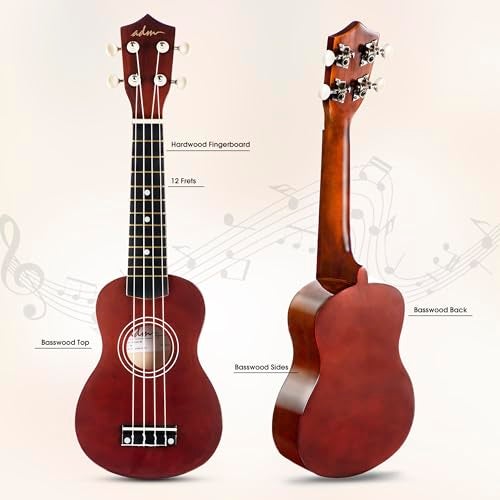 ADM Ukulele for Beginners Hawaiian Wood Ukelele Kit for Kids Adult Student Starter Professional Ukalelee Pack Bundle with Free Lessons Gig Bag Strap Nylon String Tuner (Brown, 21 Inch) - Image 2