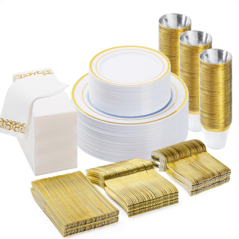 BESTVIP 350 PCS Gold Dinnerware Set for 50 Guests Plastic Dinnerware Set for Party Include 50 Gold Dinner Plates50 Dessert Plates 50 Plastic Silverware Set 50 Cups 50 Paper Napkins