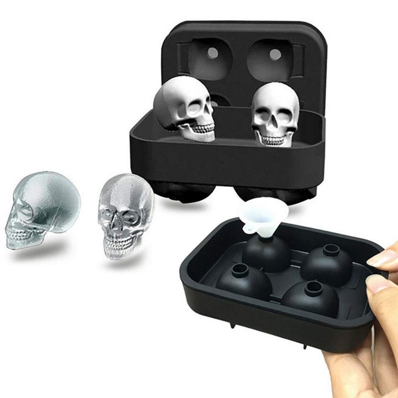 3D Skull Ice Cube Mold Silicone Tray, Flexible Black Silicone Ice Tray with Lid & Funnel, Makes Skulls, Leak Free, Ice Cube Maker, Whiskey Ice, Chocolate, Soap and Bath Bomb Molds (BLACK)