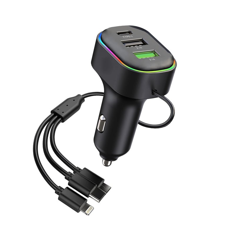 Humble® 3-Port Car Charger with Built-in 3 in 1 Charging Cable (Lightning/Type-C/Micro USB) PD Type-C & Dual USB-A 3.1A Works Compatible with iPhone, iPad, Samsung, Oneplus, Tablets & Other Devices - Image 4