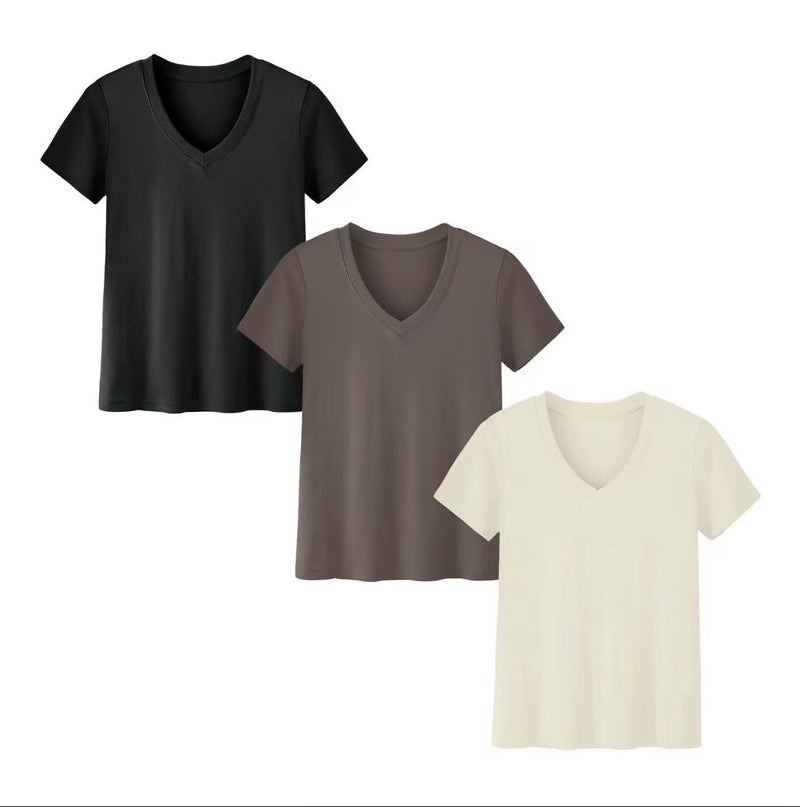 2025 Short-Sleeved Loose Slit Top Three-Piece T-Shirt Combination Pure Color Women's Clothing - Image 1