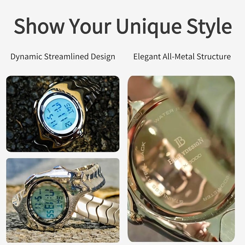BENLYDESIGN Unique Metal Wristwatch, Y2K Men's Quartz Watches, Futuristic Watch,Stainless Steel Strap (Black) - Image 4