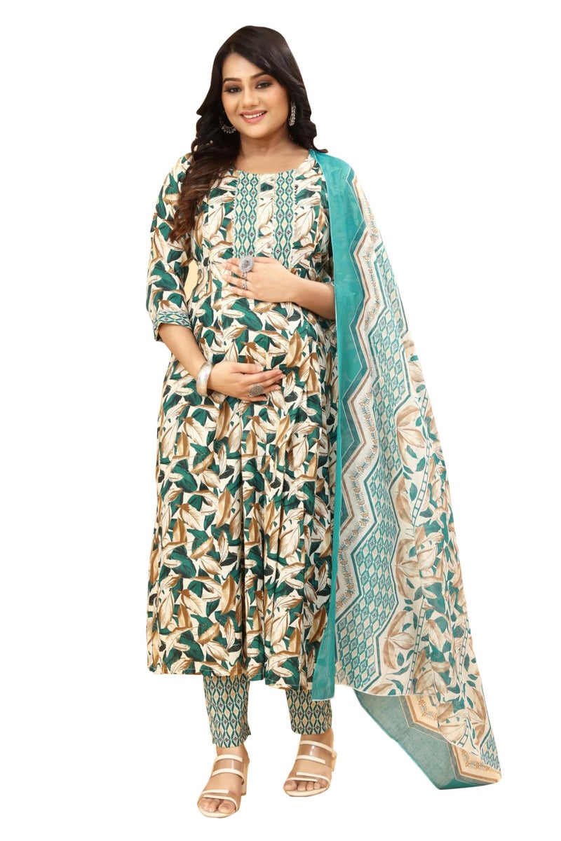 SKY FAB Women Viscose Rayon Anarkali Maternity and Nursing Kurta Set with Dupatta - Green and Beige Floral & Geometric Pattern, 3/4 Sleeves, Comfortable Fit - Image 1