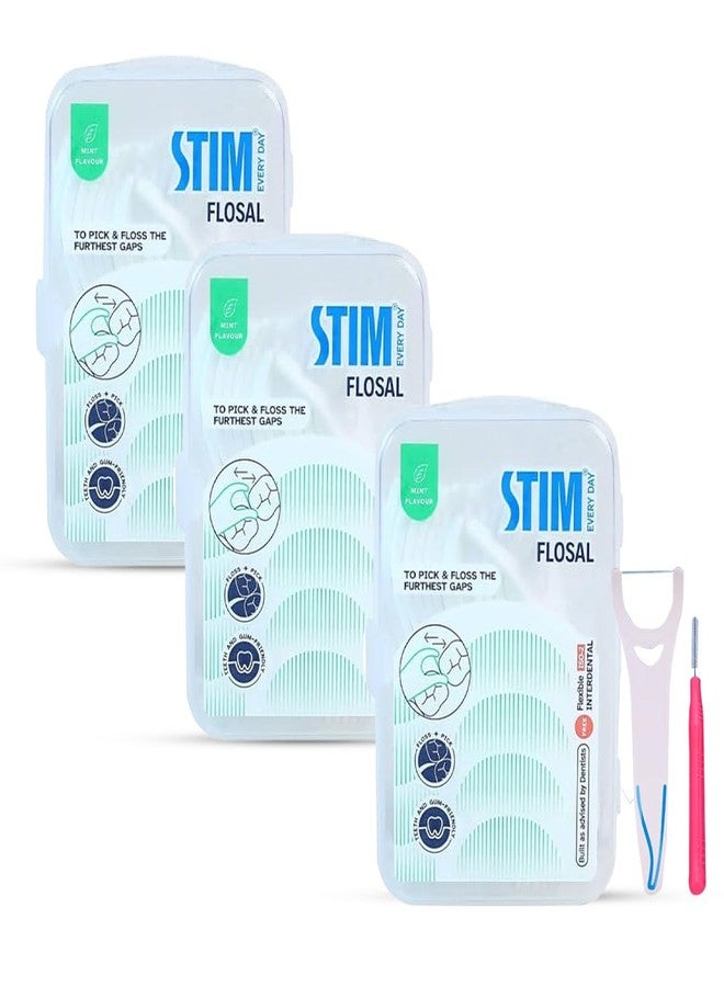 STIM Flosal - Dental Floss Pick & Toothpick | Dual-Action Oral Hygiene Tool | Right-Angle Design for Molars | Plaque & Food Remover | Dentist Recommended | Pack of 3 - Image 1