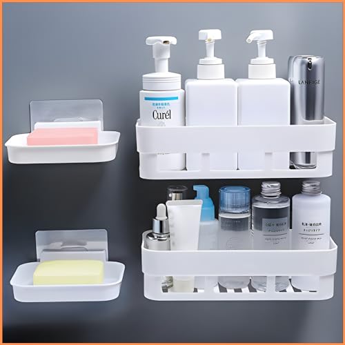 MorivaHomes Multipurpose Plastic Wall Mount Shelf Storage Rack Bathroom Utensils Organizer Rack Storage (2 Bathroom Shelves + 2 Soap Box), White - Image 1