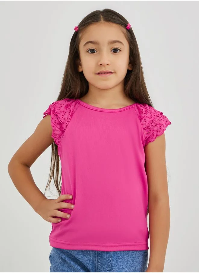 ستايلي Styli Girls Pink Solid Schiffli Short Sleeve T-Shirt