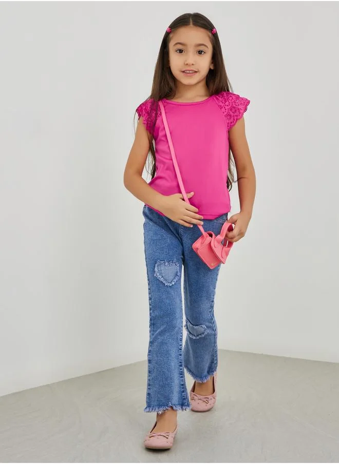 ستايلي Styli Girls Pink Solid Schiffli Short Sleeve T-Shirt