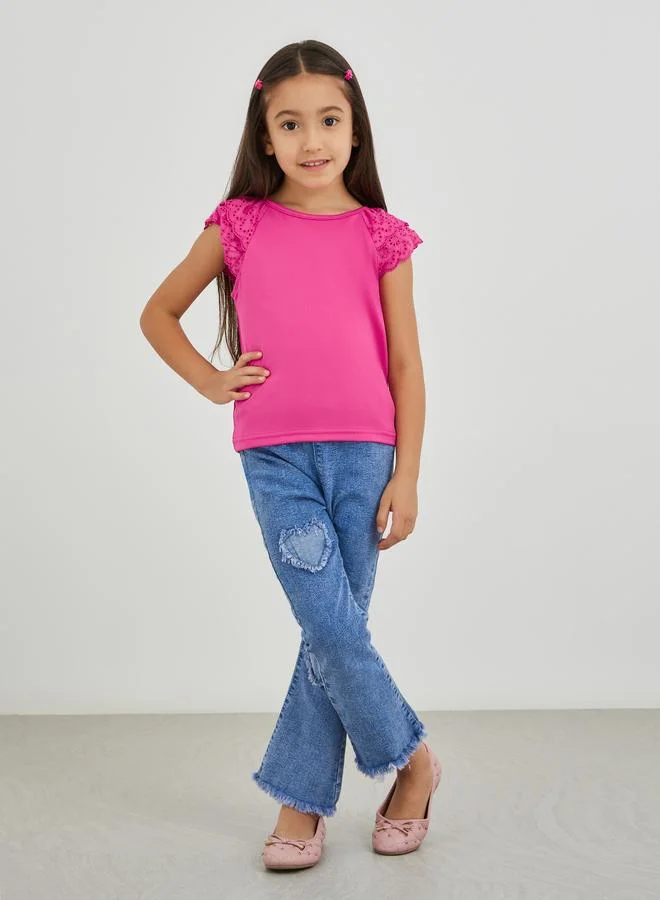 Styli Styli Girls Pink Solid Schiffli Short Sleeve T-Shirt