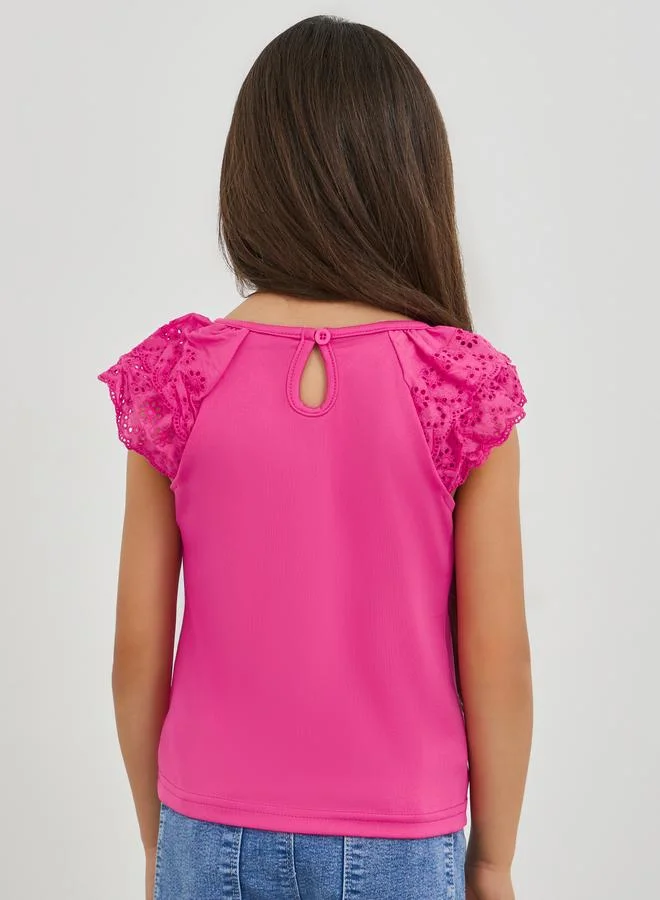 Styli Styli Girls Pink Solid Schiffli Short Sleeve T-Shirt
