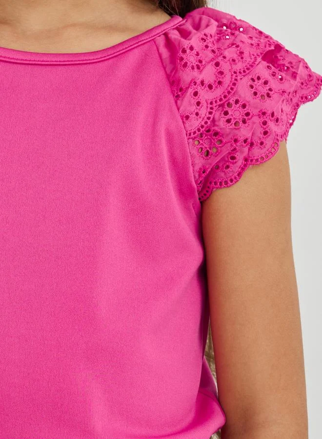 Styli Styli Girls Pink Solid Schiffli Short Sleeve T-Shirt