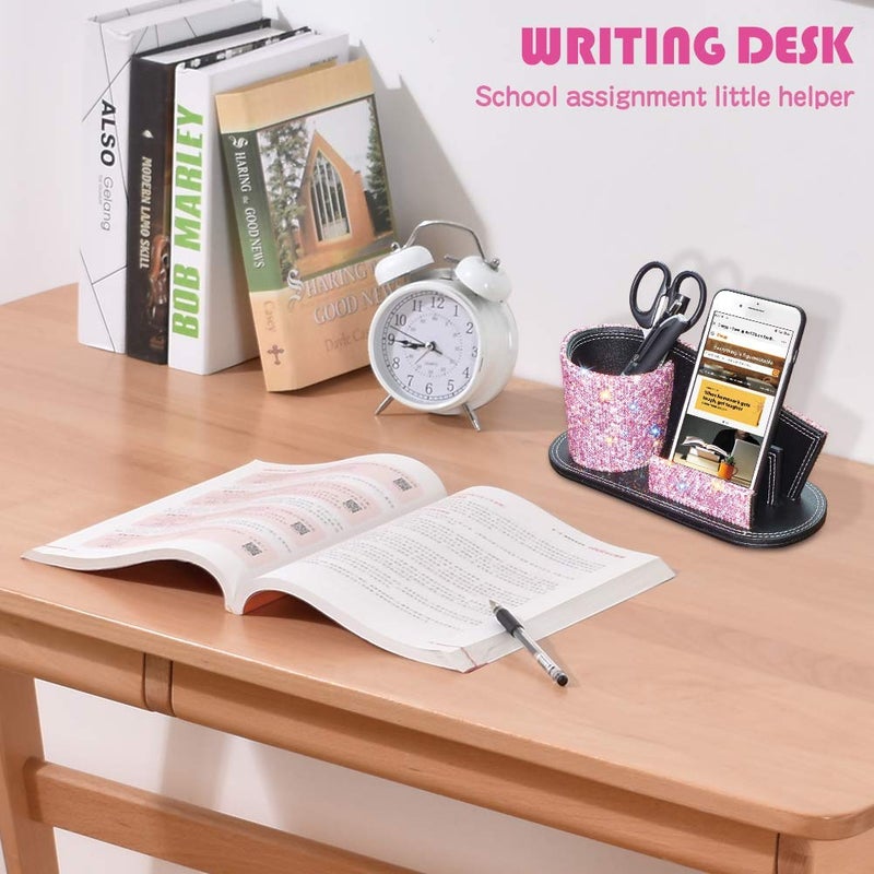 KEYPOWER Pen Pencil Holder Business Name Cards Decorative Bling Crystal Rhinestone PU Leather Gift for Women Girls (Pink) - Image 3
