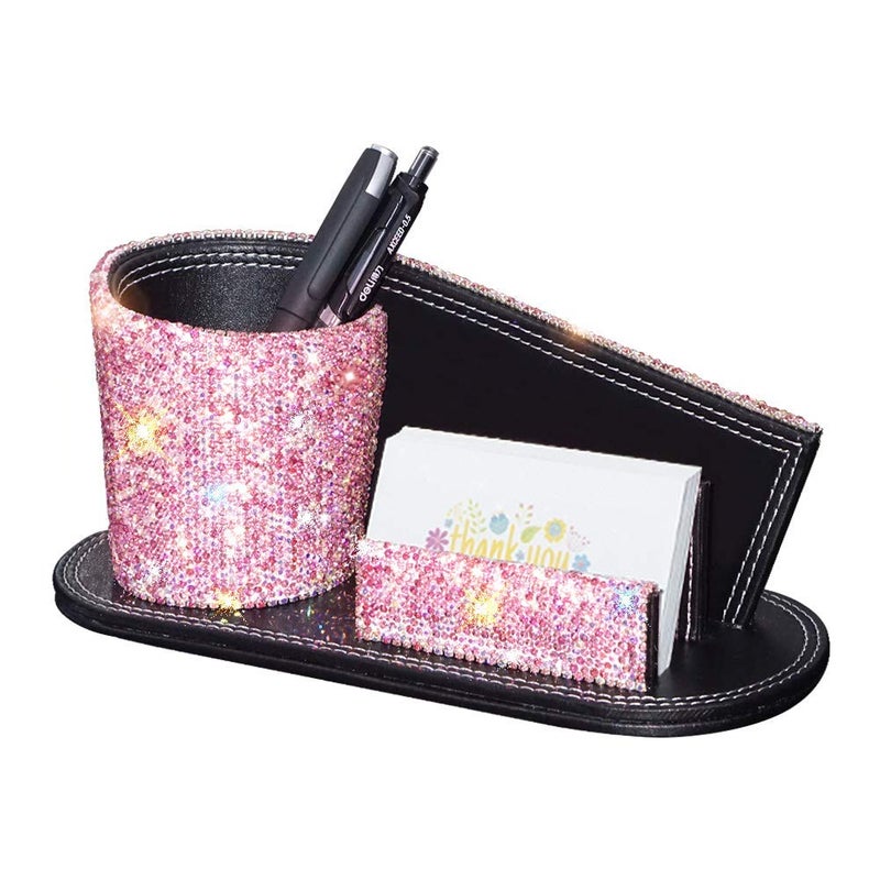 KEYPOWER Pen Pencil Holder Business Name Cards Decorative Bling Crystal Rhinestone PU Leather Gift for Women Girls (Pink) - Image 1