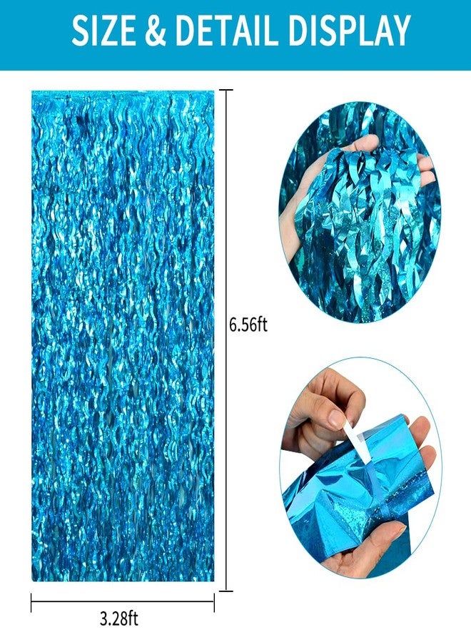 TONIFUL 3Pcs Wavy Metallic Tinsel Foil Fringe Curtains,3.28ft x 6.56ft Teal Blue Streamer Backdrop for Photo Booth Props,Party Door Wall Curtains,Bachelorette,Mermaid Birthday Underwater World Decor - Image 2