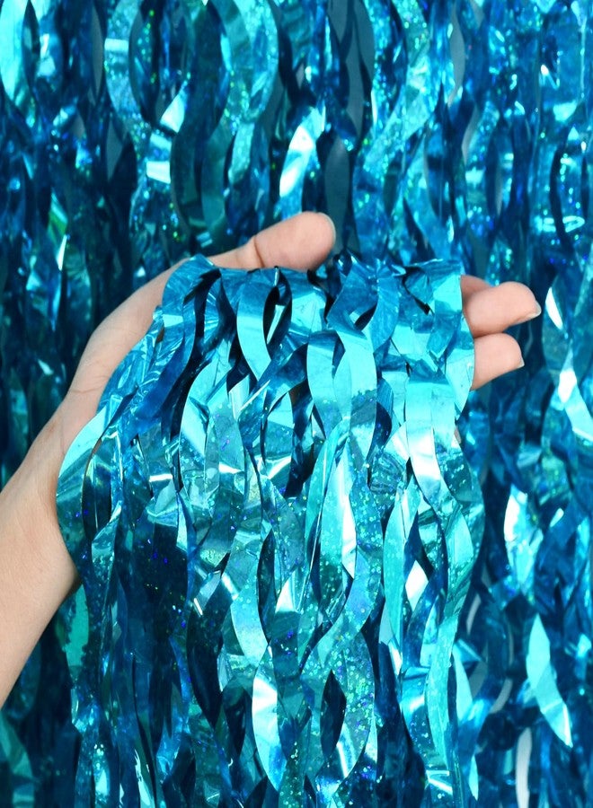 TONIFUL 3Pcs Wavy Metallic Tinsel Foil Fringe Curtains,3.28ft x 6.56ft Teal Blue Streamer Backdrop for Photo Booth Props,Party Door Wall Curtains,Bachelorette,Mermaid Birthday Underwater World Decor - Image 3
