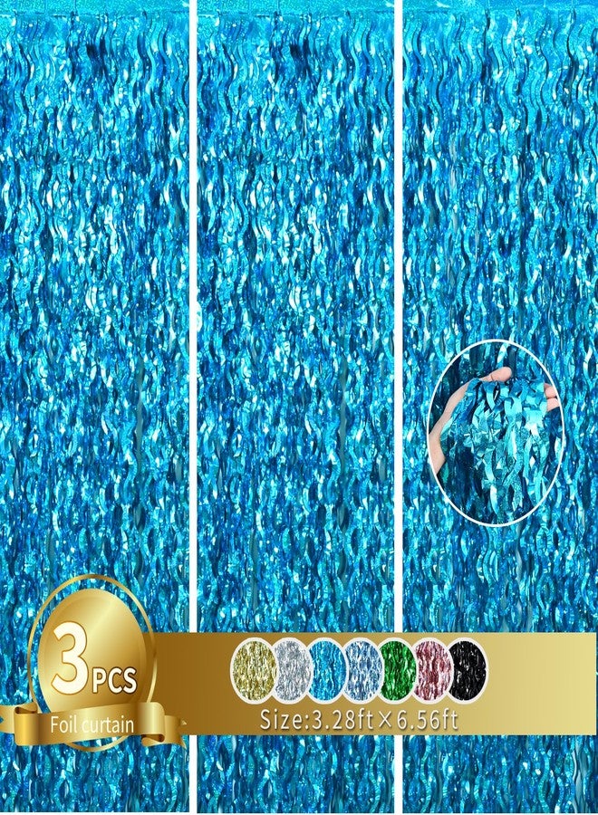 TONIFUL 3Pcs Wavy Metallic Tinsel Foil Fringe Curtains,3.28ft x 6.56ft Teal Blue Streamer Backdrop for Photo Booth Props,Party Door Wall Curtains,Bachelorette,Mermaid Birthday Underwater World Decor - Image 1