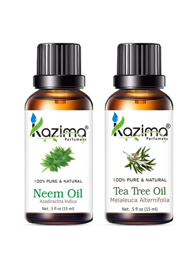 KAZIMA Combo of Neem Oil and Tea Tree Oil - 100% Pure & Undiluted Oil for Acne, Scars, Skin Moisturizing & Dandruff Control, 15 ml each - Image 1