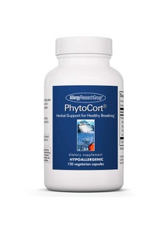 اليرجي ريسيرتش جروب مجموعة أبحاث الحساسية - مكمل غذائي PhytoCort - دعم الجهاز التنفسي، صحة الرئة، إزالة السموم من الرئة، تطهير الرئة، التنفس الصحي، دعم الأعشاب، الريشي، عرق السوس، نوني، كبسولات نباتية - 120 كبسولة  - Image 1