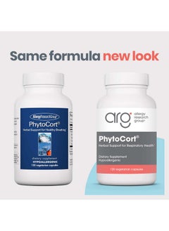 اليرجي ريسيرتش جروب مجموعة أبحاث الحساسية - مكمل غذائي PhytoCort - دعم الجهاز التنفسي، صحة الرئة، إزالة السموم من الرئة، تطهير الرئة، التنفس الصحي، دعم الأعشاب، الريشي، عرق السوس، نوني، كبسولات نباتية - 120 كبسولة  - Image 2