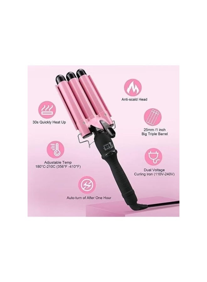 Triple Barrel Curling Iron - 1-Inch Hair Waver for Mermaid Beach Waves, Adjustable Temperature Ceramic Tourmaline Curler, Fast Heating (Pink) - Image 2