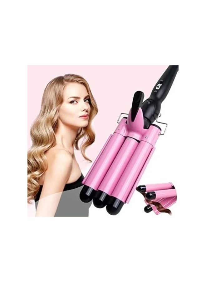 Triple Barrel Curling Iron - 1-Inch Hair Waver for Mermaid Beach Waves, Adjustable Temperature Ceramic Tourmaline Curler, Fast Heating (Pink) - Image 1