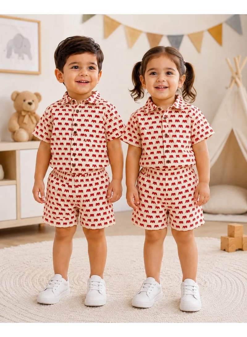 Matching Family Outfits Unisex Kids Little Elephant Parade Print Short Sleeve Shirt and Shorts Co-ord Set, 2 Piece, 100% Lightweight Cotton, Cream