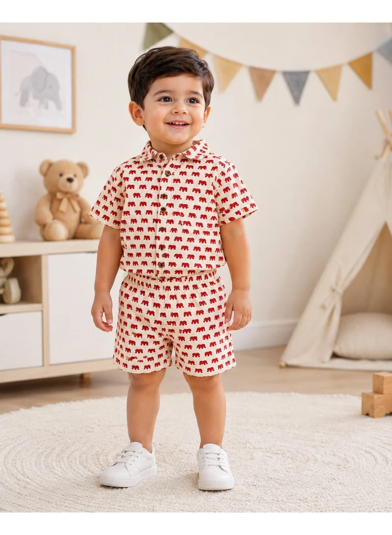 Matching Family Outfits Unisex Kids Little Elephant Parade Print Short Sleeve Shirt and Shorts Co-ord Set, 2 Piece, 100% Lightweight Cotton, Cream