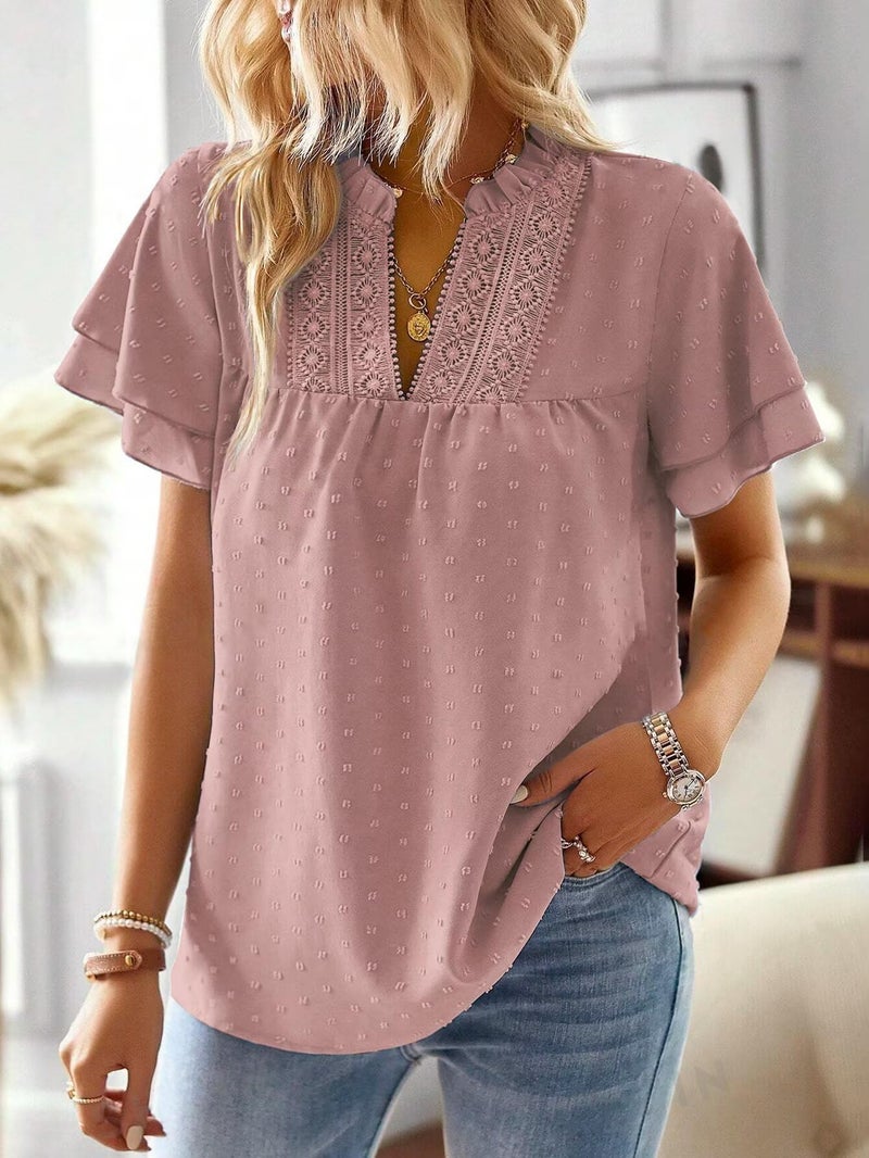 Falechay Plus Size Tops for Women Dressy Casual Short Sleeves Western Womens Blouses V Neck Ruffle Sleeve Summer Shirts Business Cute Swiss Dot Boho Top Bohemian Flowy Shirt Pink 2XL - Image 2