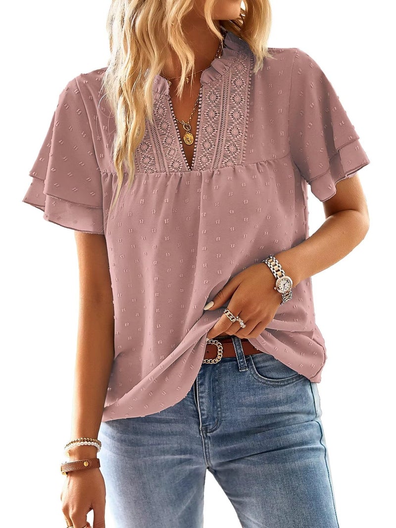 Falechay Plus Size Tops for Women Dressy Casual Short Sleeves Western Womens Blouses V Neck Ruffle Sleeve Summer Shirts Business Cute Swiss Dot Boho Top Bohemian Flowy Shirt Pink 2XL - Image 1