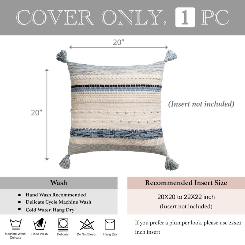 BlissBlush Coastal Blue Boho Decorative Throw Pillow Cover 20x20 Modern Bohemian Accent Pillow Case Square Woven Textured Farmhouse Pillows for Couch Bed (Pack of 1) - Image 5