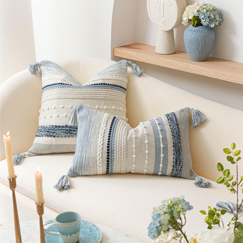 BlissBlush Coastal Blue Boho Decorative Throw Pillow Cover 20x20 Modern Bohemian Accent Pillow Case Square Woven Textured Farmhouse Pillows for Couch Bed (Pack of 1) - Image 4