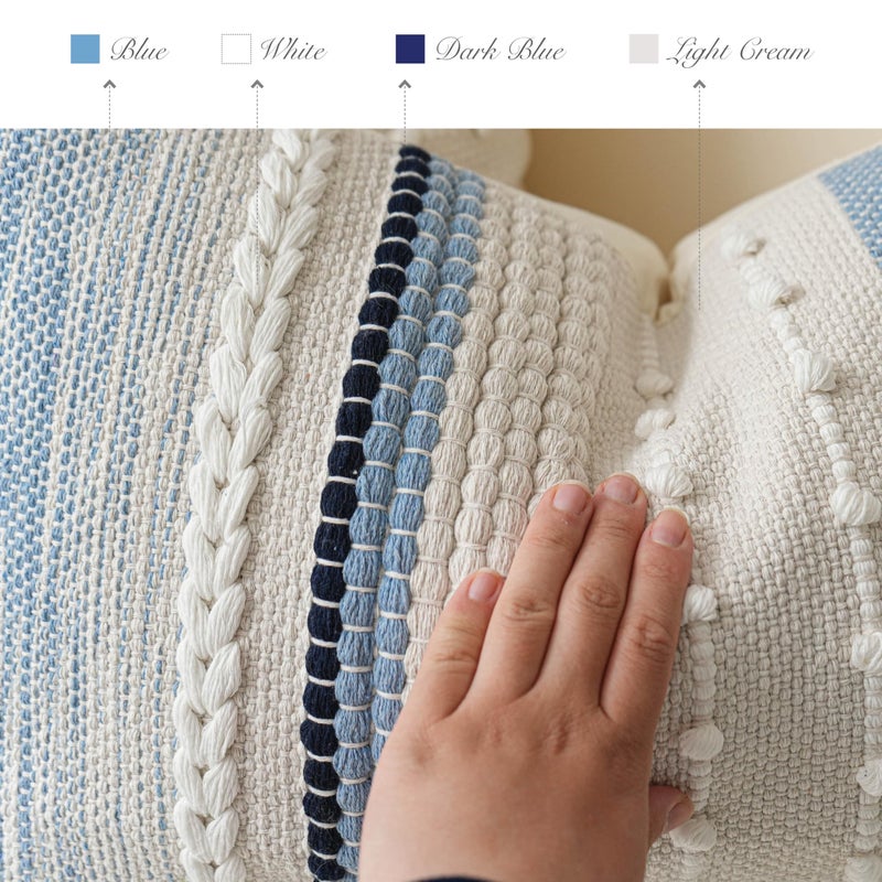 BlissBlush Coastal Blue Boho Decorative Throw Pillow Cover 20x20 Modern Bohemian Accent Pillow Case Square Woven Textured Farmhouse Pillows for Couch Bed (Pack of 1) - Image 3