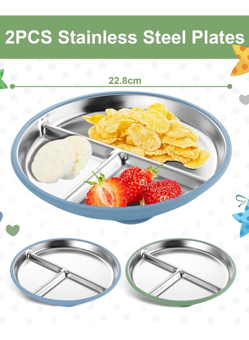 آي ميس يو عبوة من 2 طبق أطفال من الفولاذ المقاوم للصدأ مع كوب شفط، أطباق أطفال مقسمة مع غطاء سيليكون قابل للإزالة للأطفال، غير قابلة للانزلاق وغير قابلة للكسر (أزرق وأخضر) - Image 3