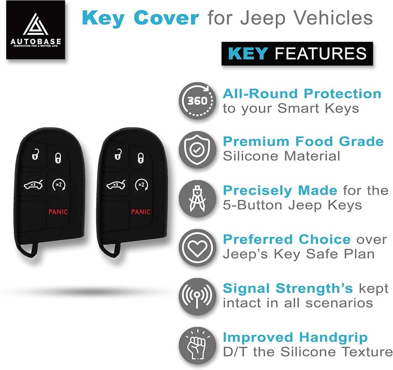 غطاء مفتاح سيليكون من لسيارات Jeep Grand Cherokee Renegade Dodge Challenger Charger Dart Durango Journey Chrysler 200 300 | ملحق سيارة | حافظة حماية للمفاتيح (أسود، قطعتان) - Image 2