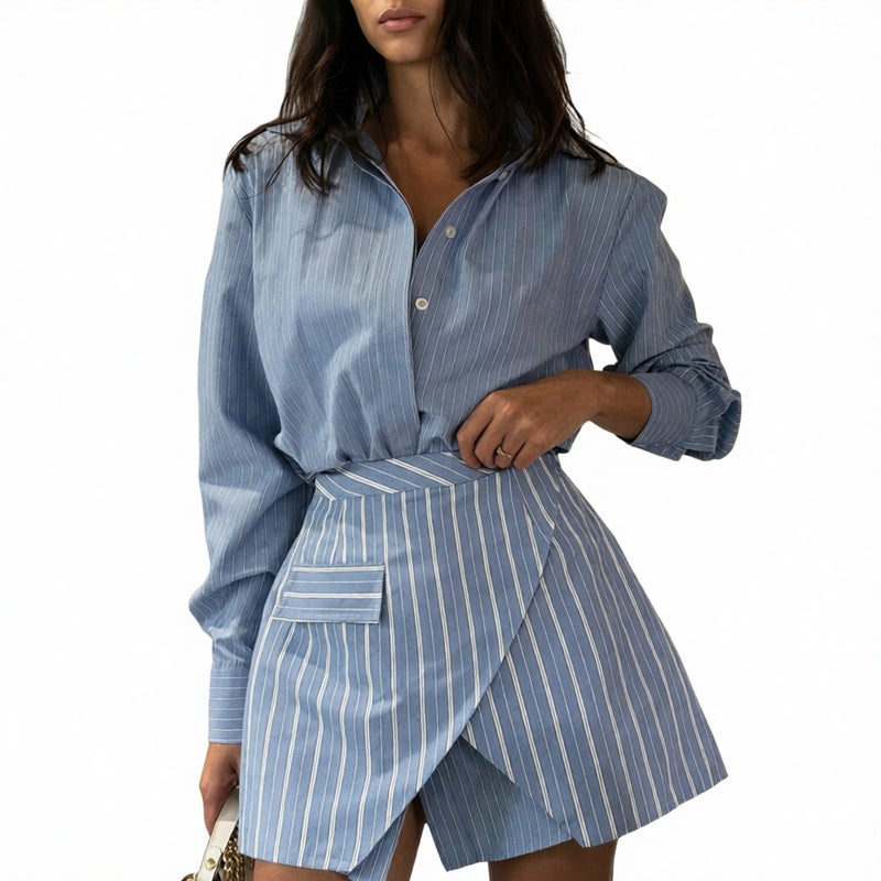 Striped Skirt Set with Long Sleeve Blouse for Women Office Two Piece Outfit - Image 2