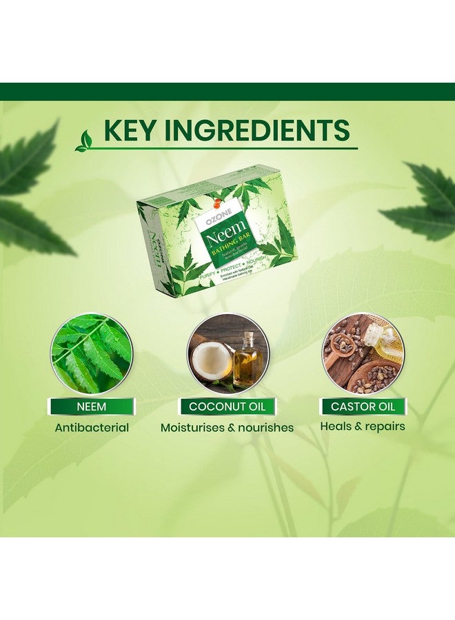 Ozone صابون بار الاستحمام عجائبي من النيم للرجال والنساء مثالي لحب الشباب والبثور والطفح الجلدي طبيعي ومضاد للبكتيريا مُعزز بمستخلص النيم وزيت جوز الهند وزيت الخروع خالي من المواد الحافظة والكيماويات 125غ (عبوة من 6) - Image 2