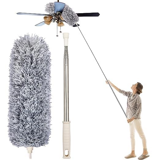 Microfiber Feather Ceiling Duster for DustFan Cleaning Extendable Pole 30100 Inch for Cleaning High AreaWindow Blinds Furniture Grey