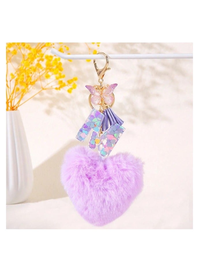 سلسلة مفاتيح للسيارة بتصميم الفراشة وقلب من الحشو الناعم الأرجواني وحرف M