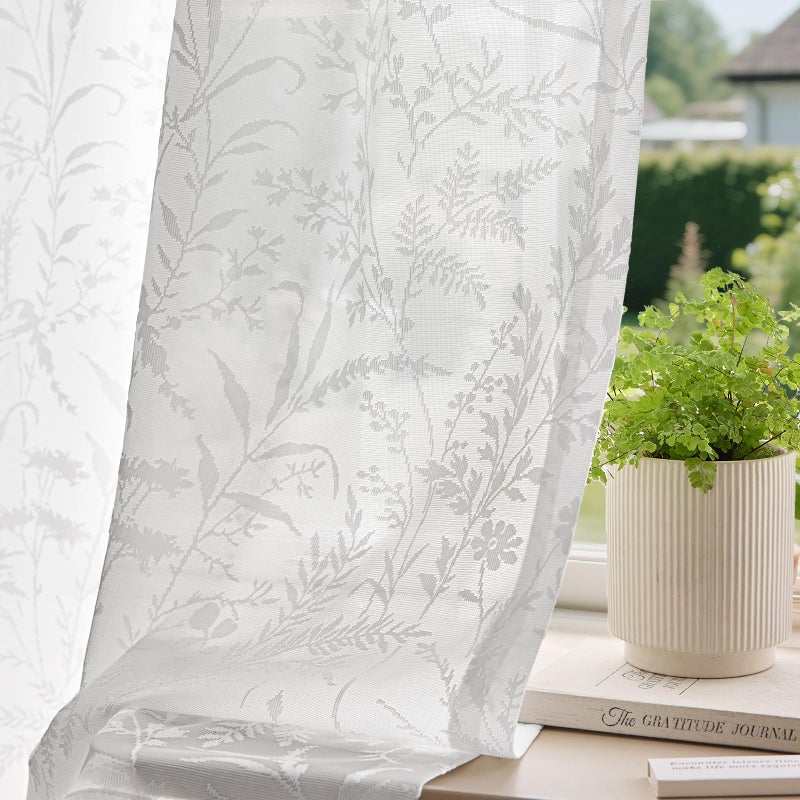 Anmao White Semi Sheer Light Filtering Curtains 84 Inches Long 2 Panels, Leaf Pattern Drapes for Living Room Bedroom, Rod Pocket Sheer Window Treatments with Floral Design, 52x84 Inch - Image 1