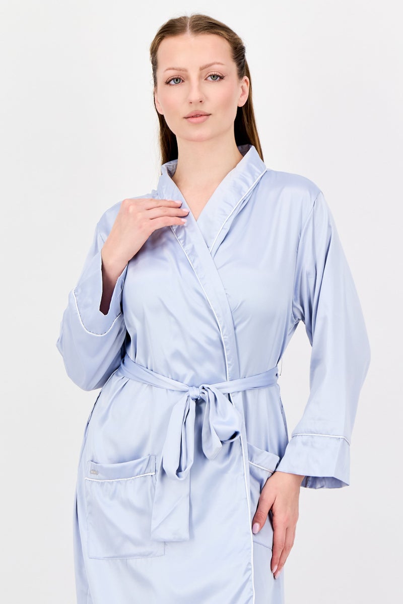 NINE WEST Women Plain Satin Nightwear Robe, Light Blue - Image 4