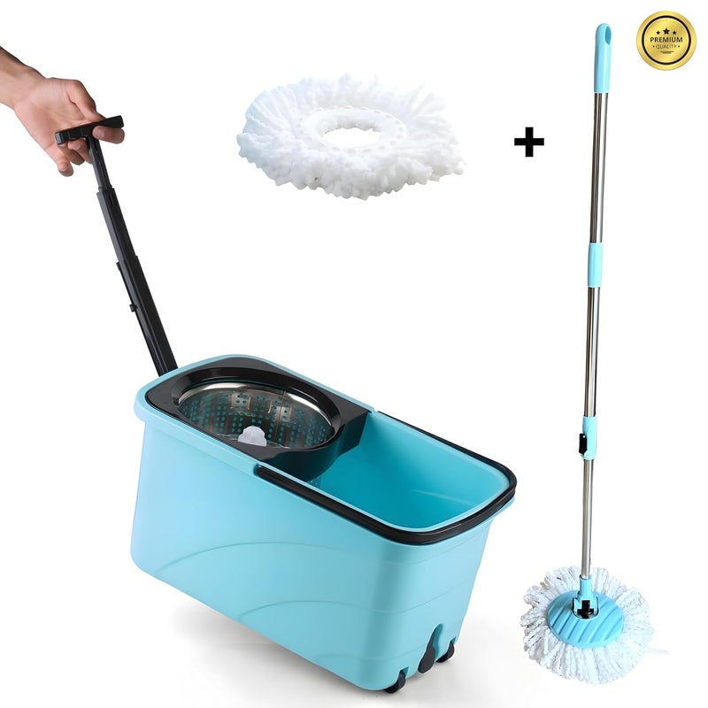 RAYMOX Square Spin Mop with Steel Wringer Easy Wheels with Extra 1 Microfiber Refill Floor Cleaning Mop Stick with Bucket Pocha for Floor Cleaning Mopping Set Blue Black - Image 2