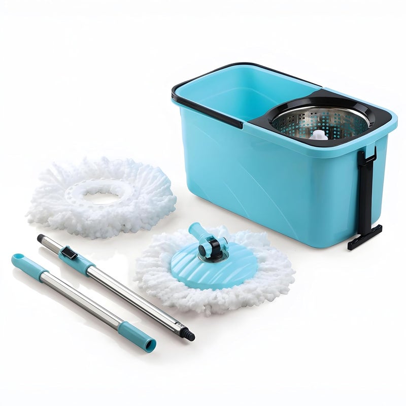 RAYMOX Square Spin Mop with Steel Wringer Easy Wheels with Extra 1 Microfiber Refill Floor Cleaning Mop Stick with Bucket Pocha for Floor Cleaning Mopping Set Blue Black - Image 1