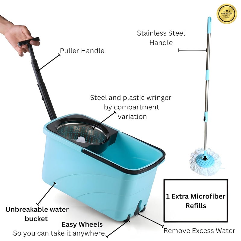 RAYMOX Square Spin Mop with Steel Wringer Easy Wheels with Extra 1 Microfiber Refill Floor Cleaning Mop Stick with Bucket Pocha for Floor Cleaning Mopping Set Blue Black - Image 3