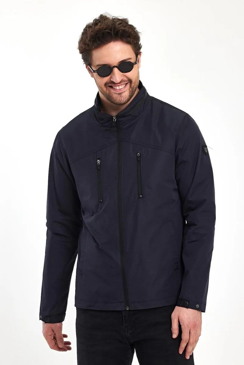 سيفيست Men's Navy Blue Stand Collar Multi-Pocket Water and Wind Repellent Seasonal Coat & Jacket